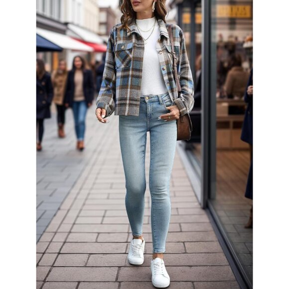 Women’s Flannel Cropped Shacket Plaid Long Sleeve Button Down Fall Coat - Picture 4 of 6